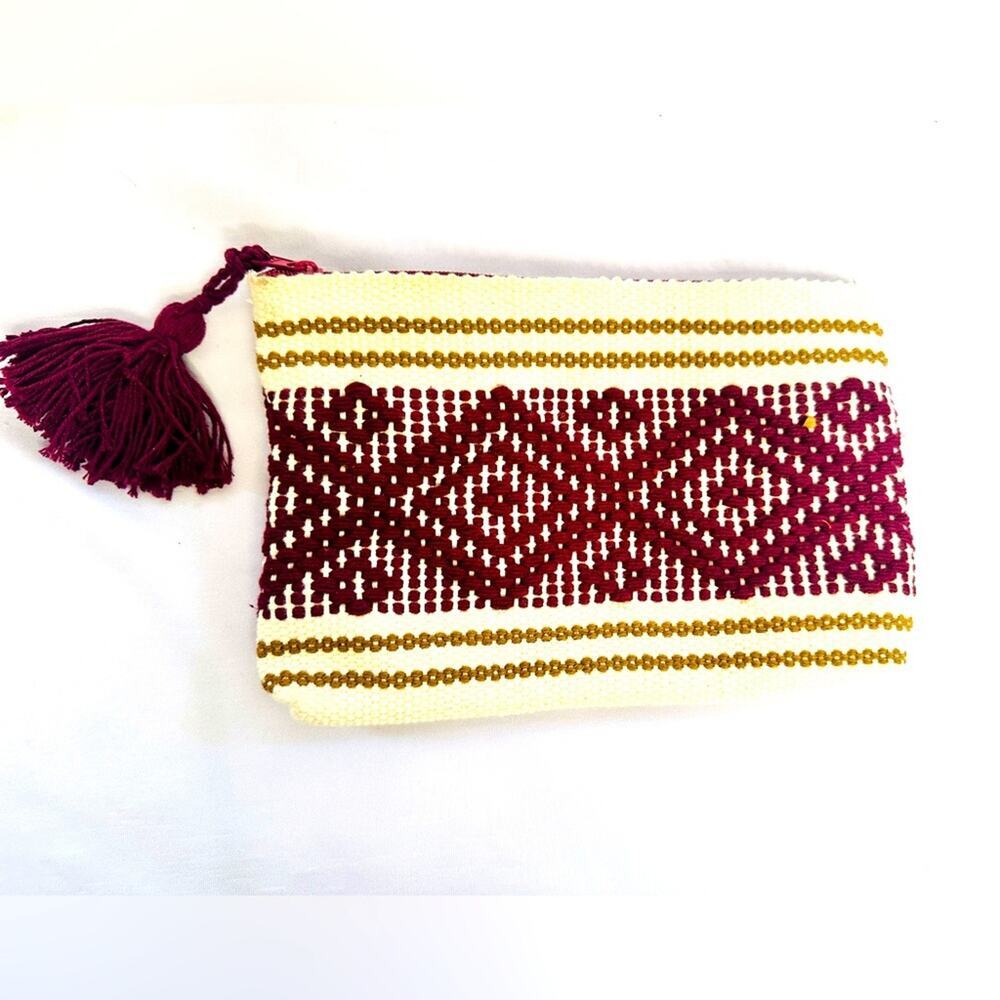New Handmade Oaxacan Mexican Pouch – Burgundy & Beige Travel Bag